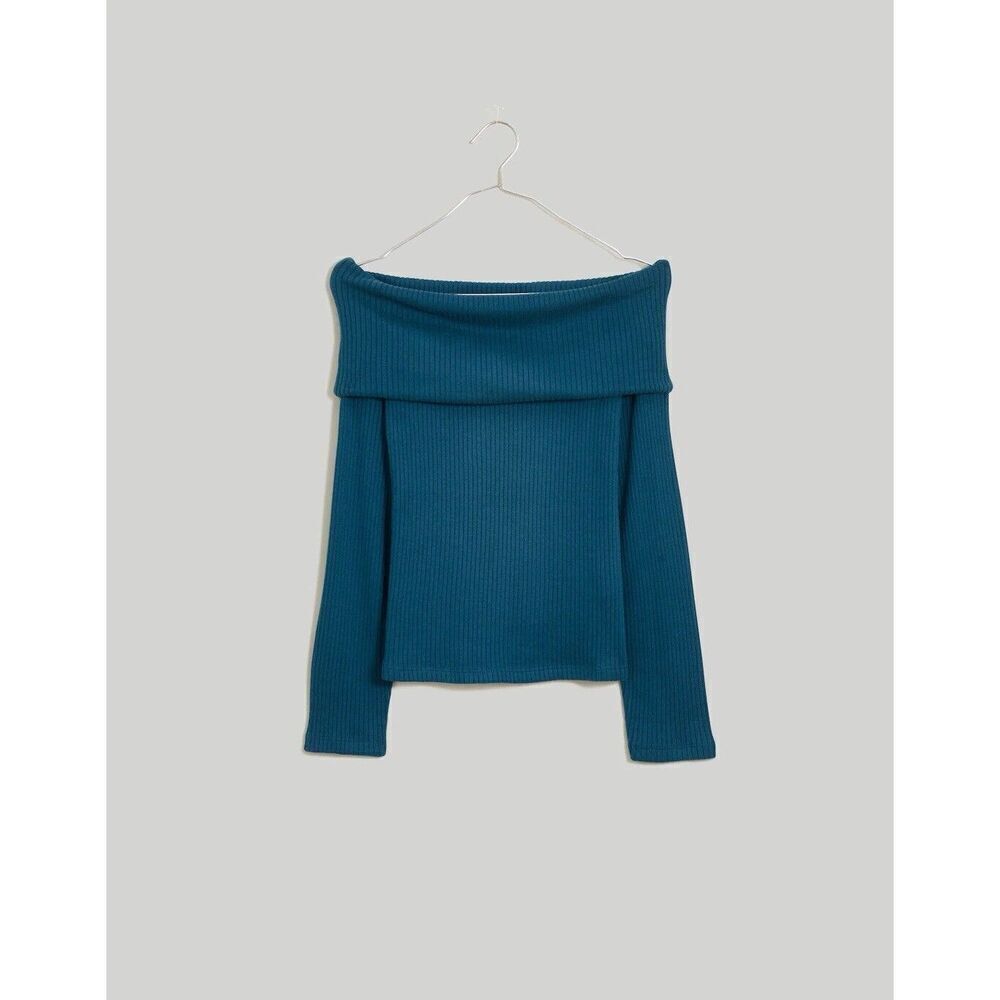 Madewell $65 Off-Shoulder Long Sleeve Top Mineral Blue Strech XS Extra Small NWT